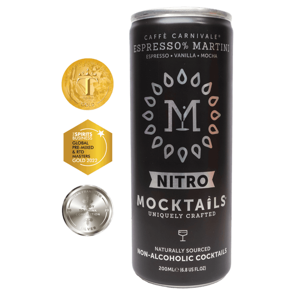 Nitro Mocktails Espress0% Martini Non-Alcoholic Cocktails can with gold and silver beverage awards—award-winning non-alcoholic espresso martini mocktail.