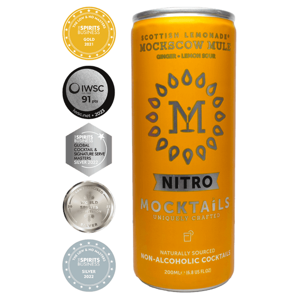 Nitro Mocktails Mockscow Mule non-alcoholic cocktail can with international beverage awards—non-alcoholic Moscow Mule with ginger, lemon, and no preservatives.