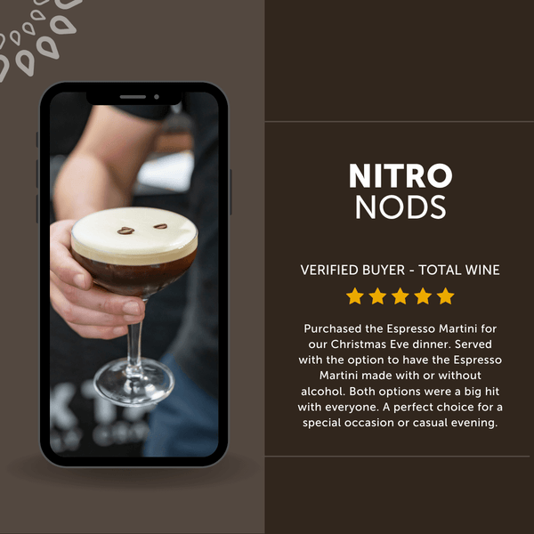 Customer review of Espress0% Martini showing mocktail in coupe glass on phone screen—5-star rated non-alcoholic espresso martini cocktail.
