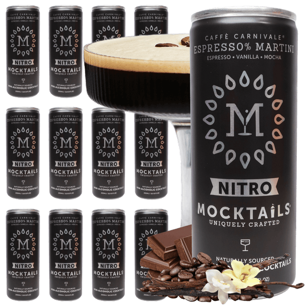 12-pack of Nitro Mocktails Espress0% Martini cans with coffee beans, chocolate, and vanilla—premium non-alcoholic espresso martini cocktail.