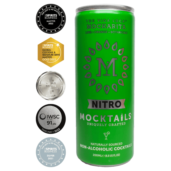 Nitro Mocktails Mockarita can with multiple awards—award-winning non-alcoholic margarita cocktail made with lime, orange, and botanicals.
