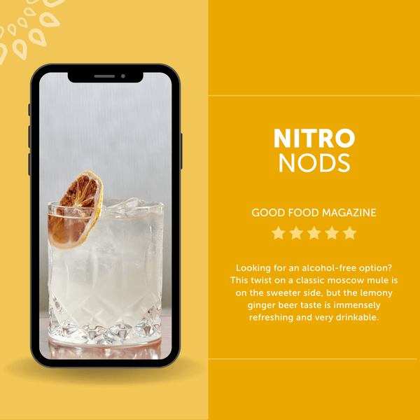 Mockscow Mule non-alcoholic cocktail review graphic with iced ginger lemon mocktail in a crystal glass on a phone screen—rated 5 stars by Good Food Magazine.