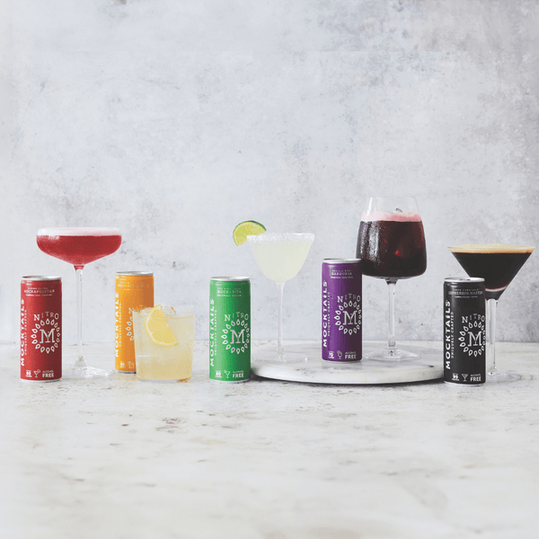 Nitro Mocktails Non-Alcoholic Cocktail Variety 12-Pack shown with served drinks for each flavor