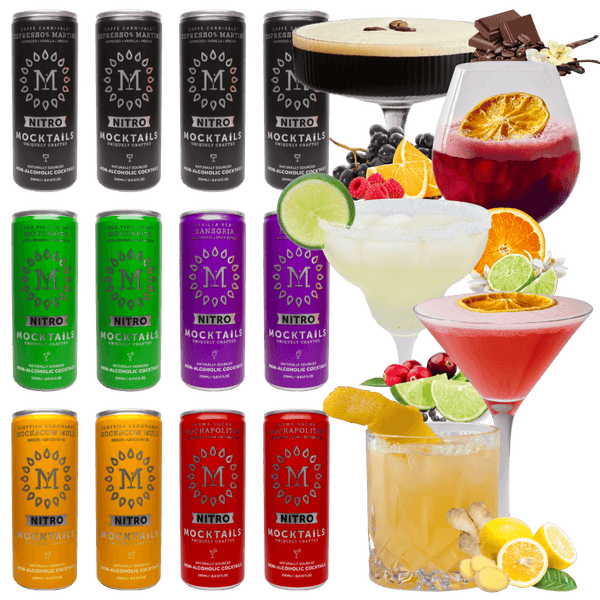 Nitro Mocktails Non-Alcoholic Cocktail Variety 12-Pack with all flavors lined up