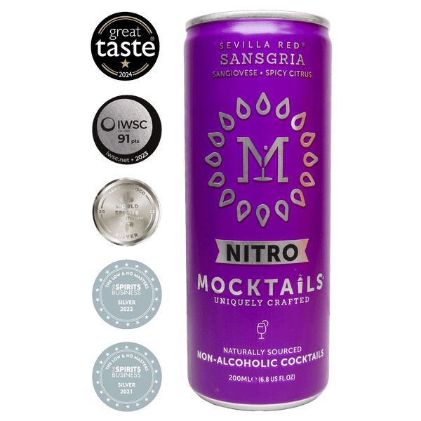 Nitro Mocktails Sansgria can with international beverage awards—award-winning non-alcoholic sangria cocktail made with sangiovese grapes and citrus.