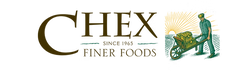 Chex Finer Foods logo with a vintage illustration of a person pushing a cart.