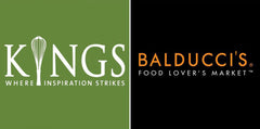 Kings logo in white lettering with tagline where inspiration strikes with green background and Balducci's logo in orange lettering and white tagline food lover's market