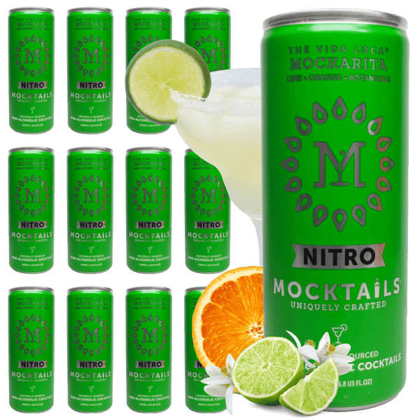 12-pack of Nitro Mocktails Mockarita with lime margarita glass, fresh lime and orange slices—non-alcoholic margarita with citrus and botanicals.