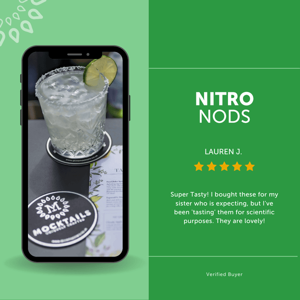 Customer review of Mockarita mocktail with iced margarita in a glass, lime garnish, and 5-star rating—non-alcoholic, refreshing, citrus-forward.