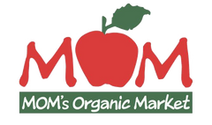 Logo of MOM's Organic Market with a red apple and green leaf on a transparent background