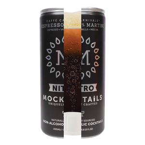 Nitro Mocktails Espress0% Martini split can showing nitro widget on a transparent background