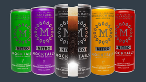 Lineup of Nitro Mocktails non-alcoholic canned cocktails featuring 5 bold flavors with natural ingredients featuring nitro widget